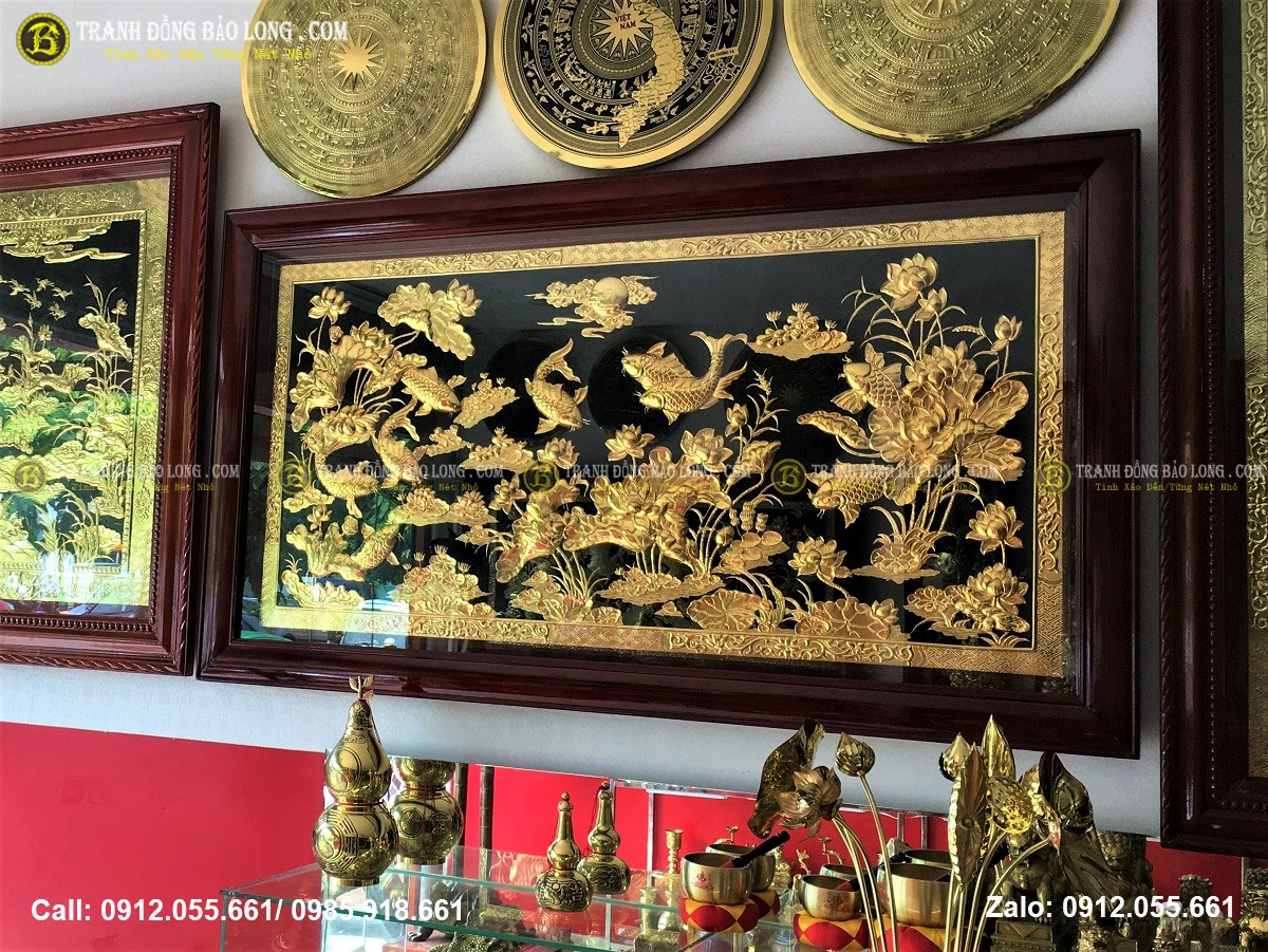 Tranh cửu ngư quần hội bằng đồng 1m55 x 88cm