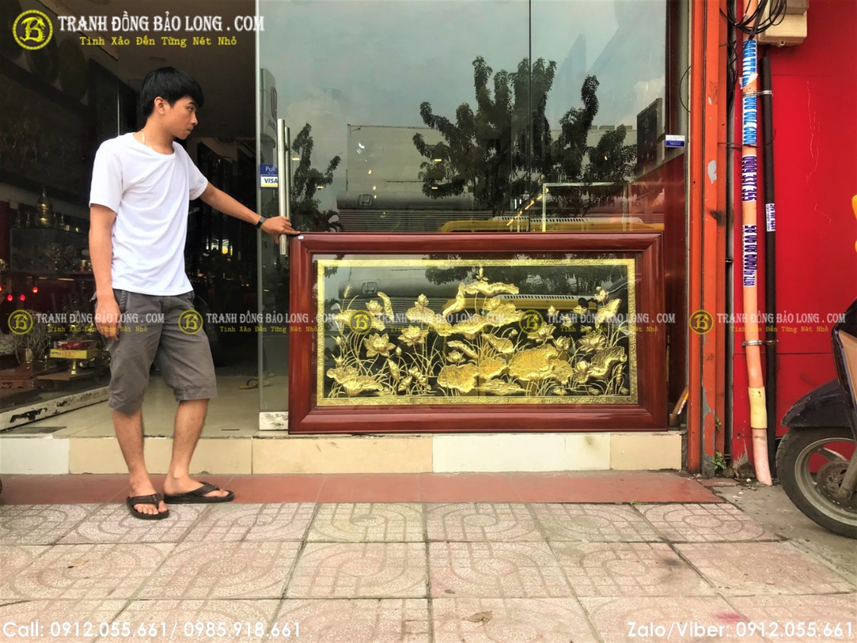 Tranh hoa sen bằng đồng 1m70 x 90cm