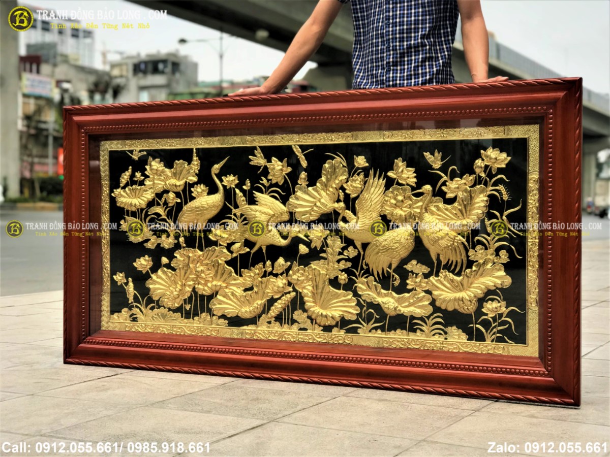 Tranh sen hạc bằng đồng 1m55 mạ vàng 24k