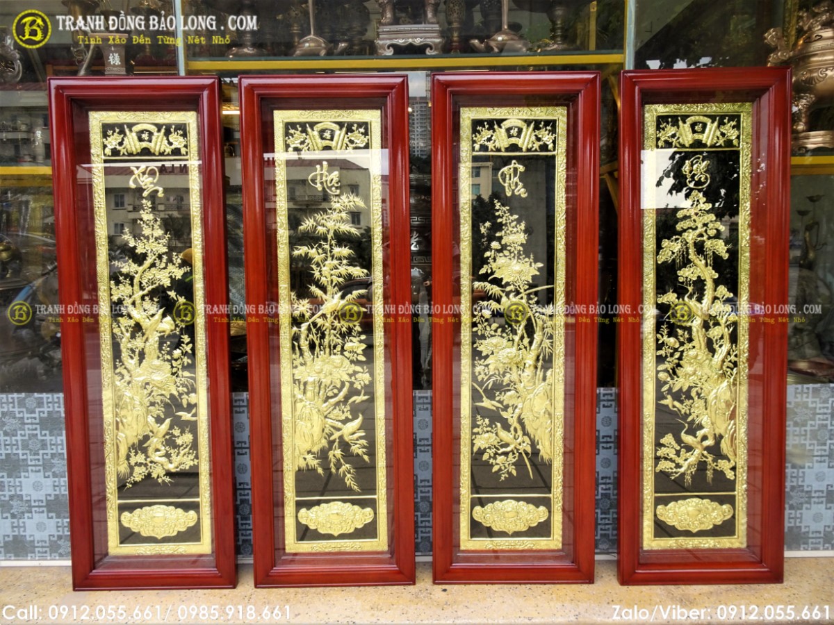 Tranh tứ quý được chế tác 4 bức rời nhau mỗi bức thể hiện một cảnh Tùng Cúc Trúc Mai