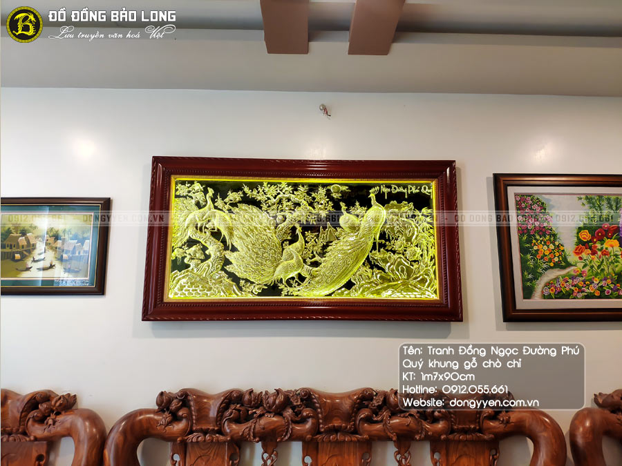 tranh đồng ngọc đường phú quý khung gỗ chò chỉ 1m7x90cm