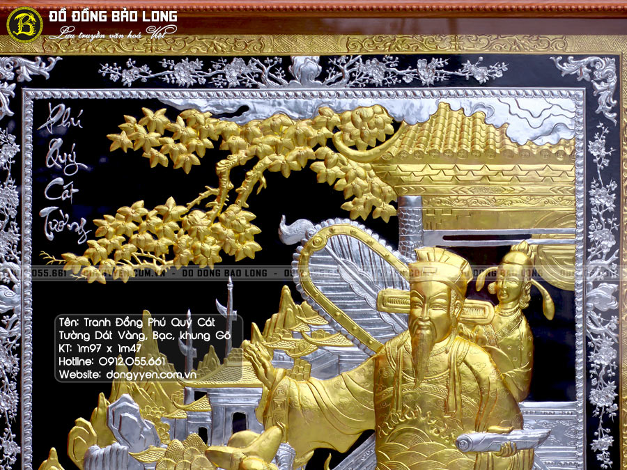 tranh đồng phú quý cát tường dát vàng bạc khung gỗ gõ