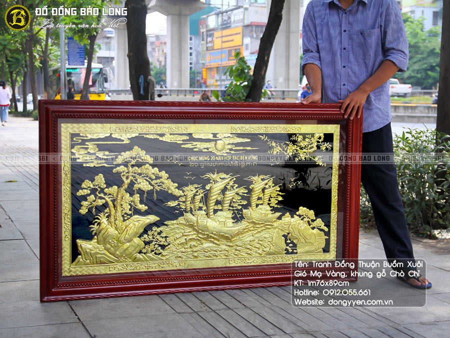 tranh đồng thuyền buồm mạ vàng 24k khung gỗ 1m76x89cm